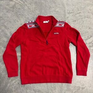 Vineyard Vines Red Quarter Zip Sweatshirt Small Geometric Collar & Cuffs